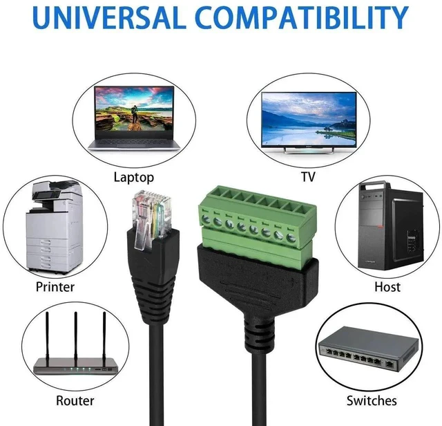 Alt view image 3 of 6 - RJ45 Screw Terminal Adapter, RJ45 Male to 8 Pin Screw Terminal Connector, Ethernet Extender Network Adapter 8P8C Breakout Board Cable for Cat5 /6/7 AV CCTV, 12inch