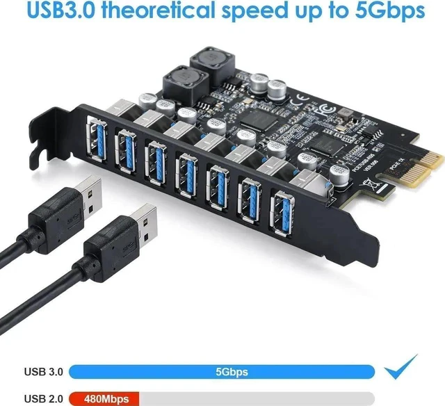 Alt view image 3 of 6 - Pcie USB Card Pcie USB 3.0, 7 Port Pcie Expansion Card 7 Ports USB 3.0 5Gbps High Speed Transmission Stable Power USB 3.0 Front Expansion Card