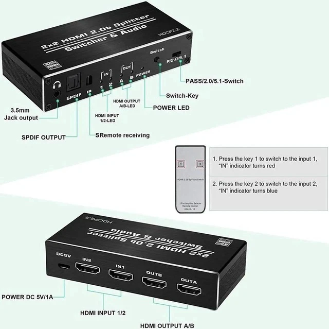 Alt view image 2 of 7 - HDMI Switch Splitter 2x2 with Audio Extractor 4K@60Hz Ultra HD HDMI Switcher with Optical TOSLINK SPDIF 3.5mm Audio Support HDCP 2.2 HDMI2.0b, 4K@60HZ, RGB4:2:2, 4K HDR (Remote Control)