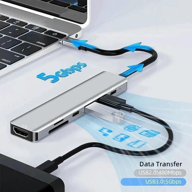 Alt view image 5 of 7 - USB C Hub, 7 in 1 USB C to 4K HDMI Splitter, 5Gbps USB 3.0 & USB C Data Port, USB2.0, 4K HDMI Port, PD 100W Charging, SD/TF Card Reader, for iPad Pro MacBook Pro Laptops and More