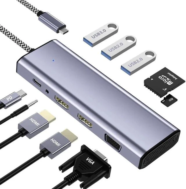 Main image of USB C Docking Station Dual HDMI Monitor, Type C to Dual Monitor Adapter, USB Hub 10 in 1 Docking Station 3 Monitors with HDMI/VGA/PD/USB/SD/TF/3.5mm Audio, for XPS/HP/Lenovo/Surface/Yoga Etc