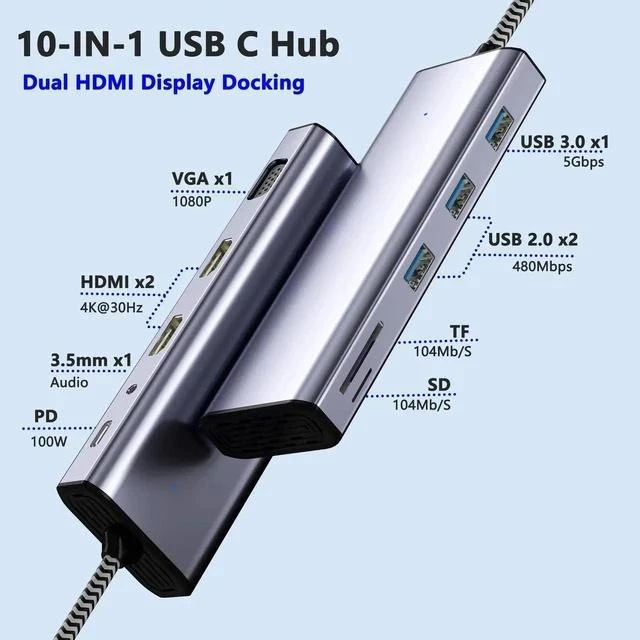 Alt view image 7 of 7 - USB C Docking Station Dual HDMI Monitor, Type C to Dual Monitor Adapter, USB Hub 10 in 1 Docking Station 3 Monitors with HDMI/VGA/PD/USB/SD/TF/3.5mm Audio, for XPS/HP/Lenovo/Surface/Yoga Etc