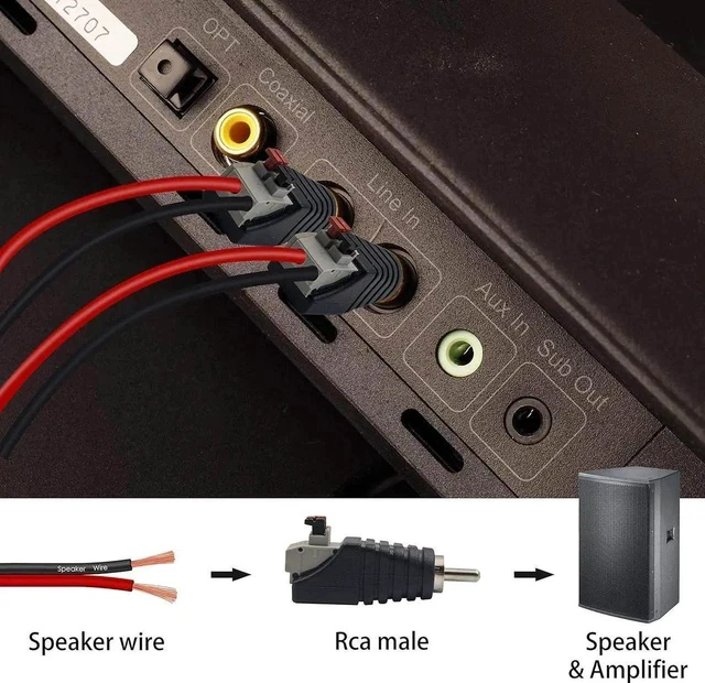 Alt view image 6 of 6 - Speaker Wire to RCA Adapter Converter, RCA to Speaker Wire Adapter Subwoofer Phono Male to AV 2 Screw Terminal Video Audio Spring Press Type Balun for CCTV, 4 Pack