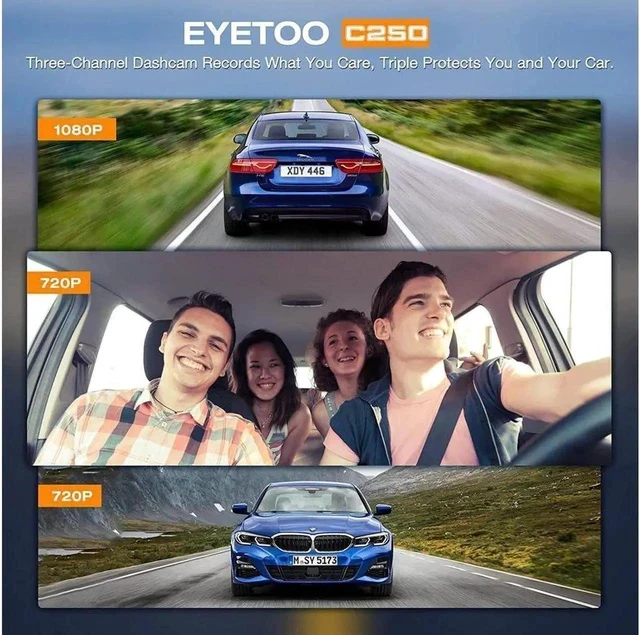Alt view image 3 of 7 - 3 Channel Dash Cam 3 Channel 1080P+720P+720P Car Dvr Camera Driving Recorder,2.45Inch Car Camera,24/7 Parking Mode,Night Vision,Loop Recording,G-sensor,Seamless 1080P Video,HDR,Support 64GB Max