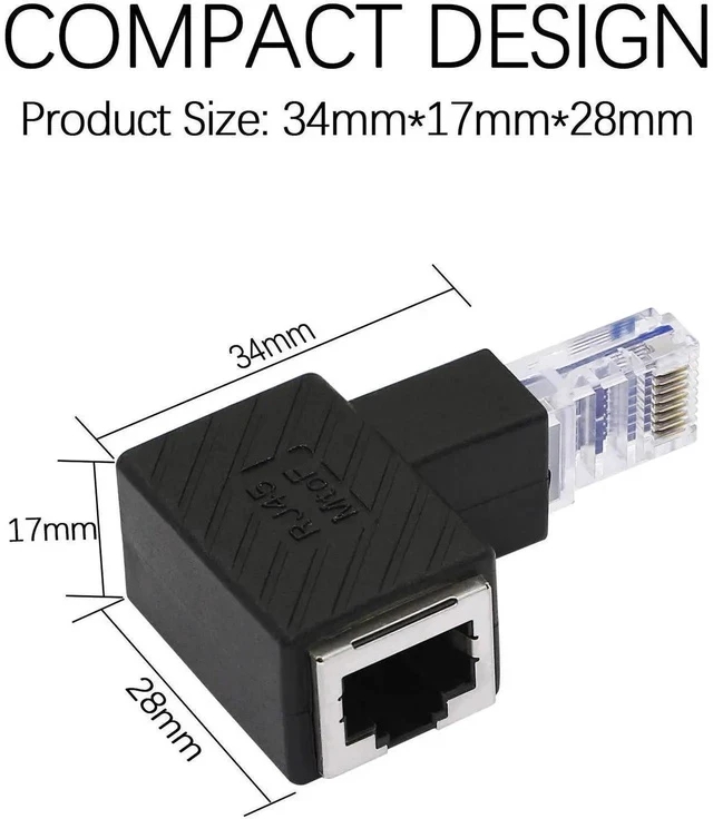 Alt view image 4 of 6 - 2 Pack 90 Degree Down Angle RJ45 Male to Female Ethernet Adapter, Right Angle 8P8C LAN Connector Compatible with Cat5/Cat5e/Cat6 Cables