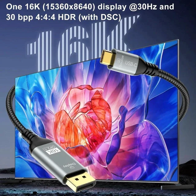 Alt view image 6 of 7 - USB C to DisplayPort 2.1 Cable 6.6FT, 16K@30Hz 8K@120Hz 4K@240Hz, Thunderbolt 4/3 to DP Cable 40Gbps, Compatible with MacBook Pro M4, iPhone 16, XPS, Surface, Gaming Monitor