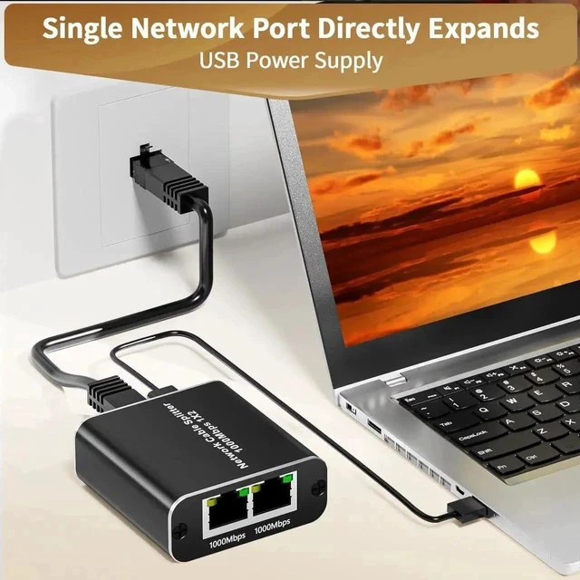 Alt view image 2 of 6 - 1 to 2 Port Gigabit RJ45 Ethernet Splitter, 1000Mbps Active LAN Network Extender Adapter with USB-C Power Cord, Supports 2 Devices Simultaneously, Compatible with Cat5/Cat5e/Cat6/Cat7/Cat8 Network Cab