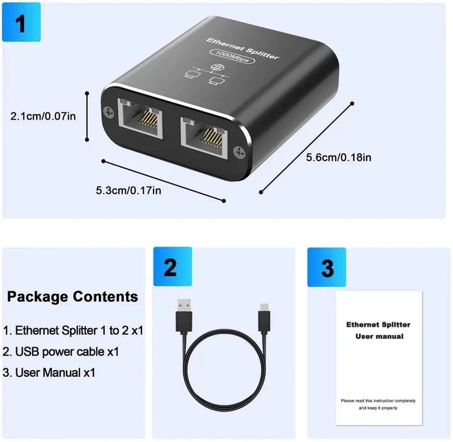 Alt view image 4 of 7 - Gigabit Ethernet Splitter 1 to 2, 1000Mbps Internet Splitter 1 in 2 Out, Ethernet Cable Hub with USB Power Cable, RJ45 Switch for Cat5/5e/6/7/8 Cables(2 Devices Simultaneously Networking)