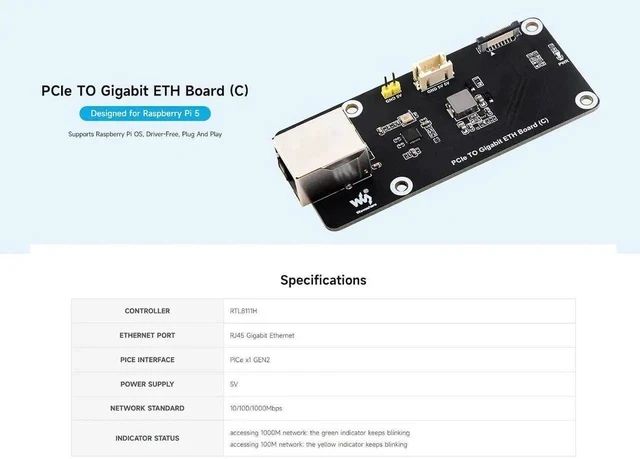 Alt view image 2 of 7 - AJMRTC PCIe to Gigabit Ethernet Adapter for Raspberry Pi 5, PCIe RJ45 Network Expansion Board, Driver-Free Plug & Play, Supports Raspberry Pi OS, Powered via PCIe Cable