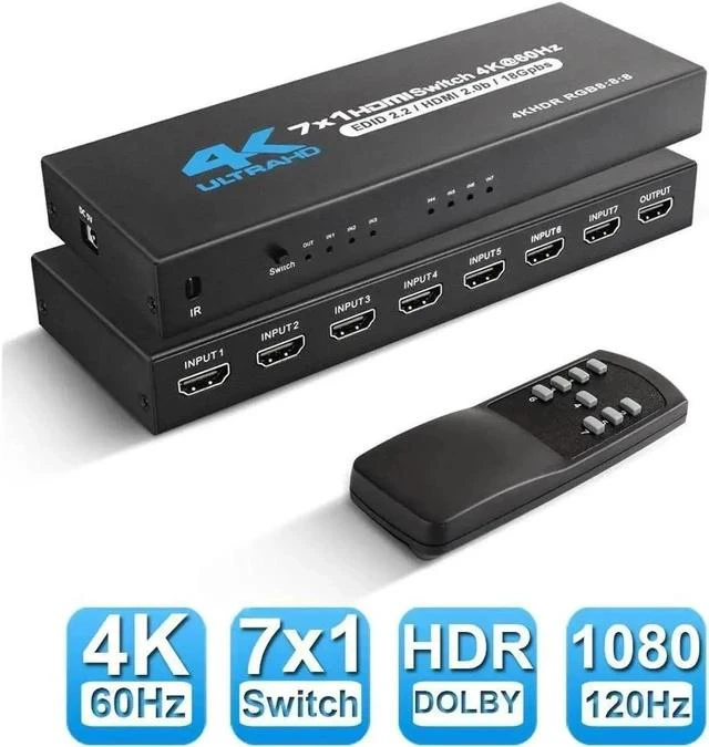 Main image of 4K@60Hz HDMI Switch 7 in 1 Out 4K@60Hz, HDMI Splitter with Remote 7 Port HDMI Switcher Selector Support 3D 4K HDR HDCP2.2 Compatible with PS5/4/3 Xbox Nintendo Switch TV Fire Stick