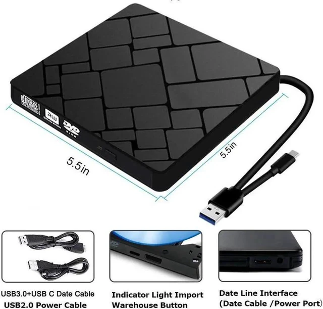 Alt view image 7 of 7 - External CD DVD Drive Type-C&USB-3.0 Portable CD DVD +/-RW Drive Slim DVD/CD ROM Rewriter Burner Writer Compatible with Laptop Desktop PC Windows XP/2003/Vista/7/8.1/10,Linux,Mac OS