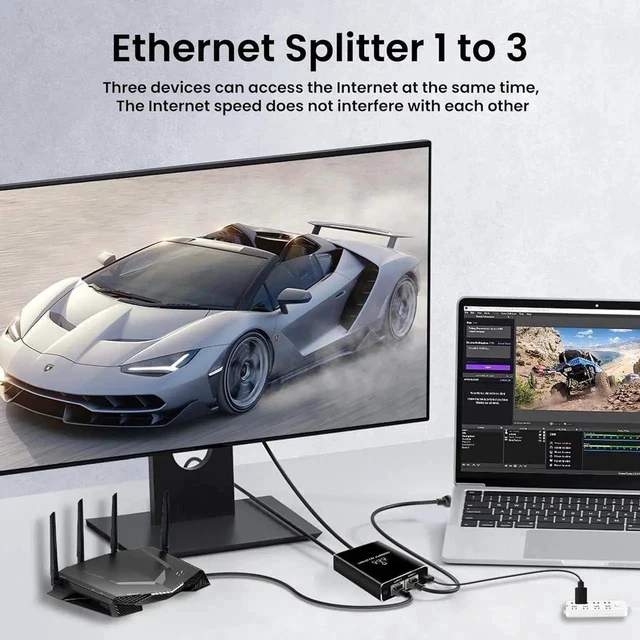 Alt view image 7 of 7 - 1 to 3 Gigabit Ethernet Splitter, 1000Mbps RJ45 Network Extender with USB Power Cord, Supports 3 Devices Online at Once, Compatible with Cat5/Cat5e/Cat6/Cat7/Cat8 Ethernet Cables