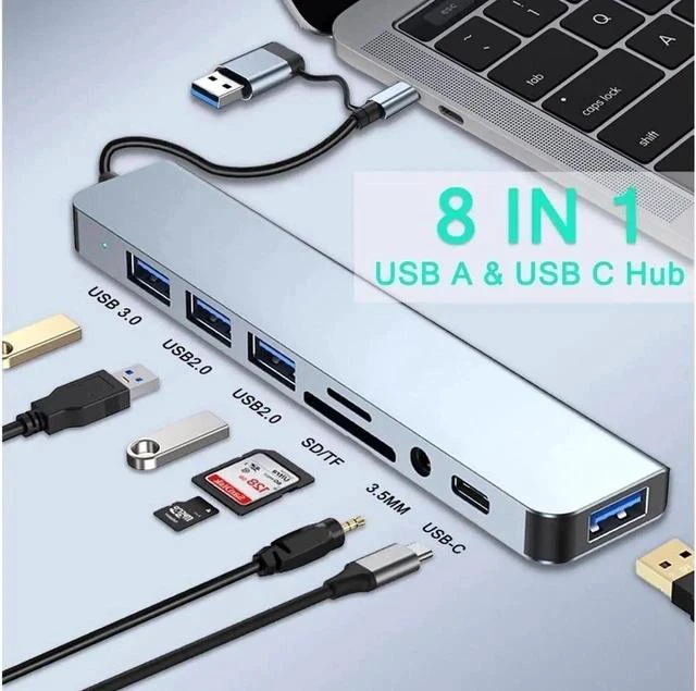 Alt view image 5 of 7 - 8 in 1 USB A Type C Hub 5Gbps USB C Multiport Adapter with 4 USB-A, 100W Power Delivery, SD/TF Card Reader 3.5mm Audio USB C Hub Compatible with MacBook Pro/Air, and Other USB C Laptops