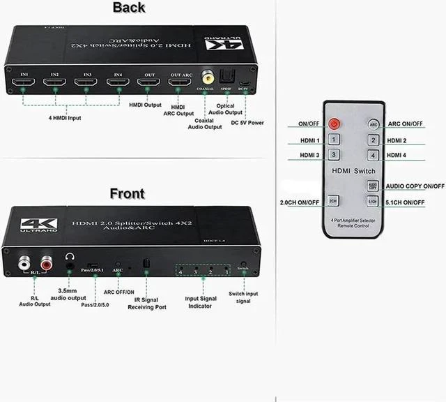 Alt view image 4 of 7 - HDMI Switch 4x2 with Audio Extractor 4K@60Hz Ultra HD HDMI Switcher with Optical TOSLINK SPDIF R/L3.5mm Audio Coaxial Support ARC Function 3D 1080P@120Hz 4Kx2k @60Hz HDTV(Remote Control)