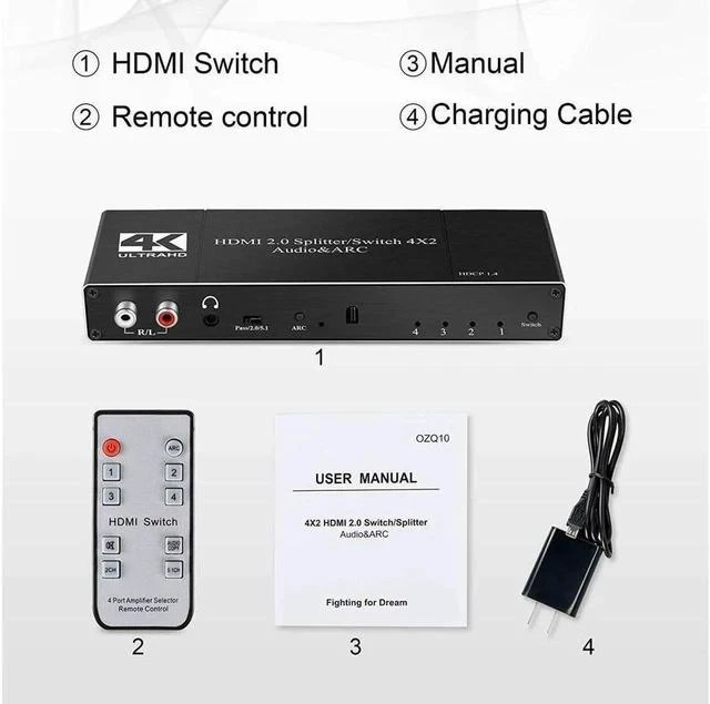 Alt view image 7 of 7 - HDMI Switch 4x2 with Audio Extractor 4K@60Hz Ultra HD HDMI Switcher with Optical TOSLINK SPDIF R/L3.5mm Audio Coaxial Support ARC Function 3D 1080P@120Hz 4Kx2k @60Hz HDTV(Remote Control)
