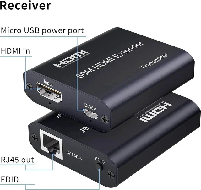 Alt view image 4 of 6 - HDMI Extender Over Cat5e/6/7 196ft/60m, 1080p@60Hz UHD Udp Extender, 1 HDMI Over Ethernet, Supports HDCP 1.2 HDMI 1.3 EDID (Transmitter and Receiver)