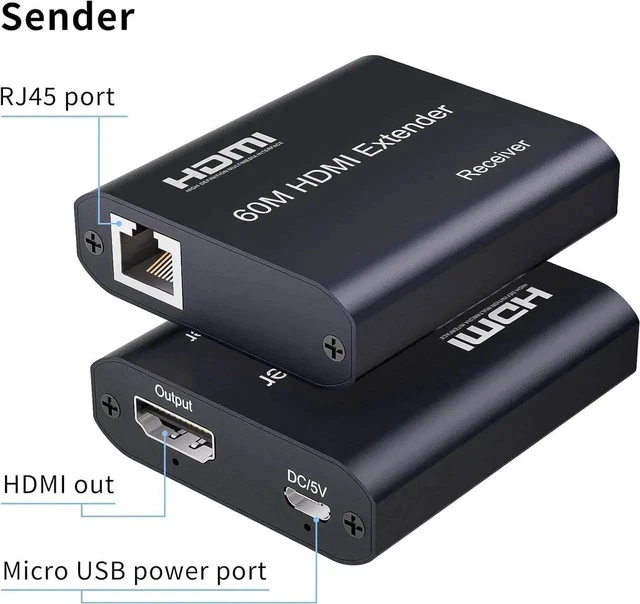 Alt view image 5 of 6 - HDMI Extender Over Cat5e/6/7 196ft/60m, 1080p@60Hz UHD Udp Extender, 1 HDMI Over Ethernet, Supports HDCP 1.2 HDMI 1.3 EDID (Transmitter and Receiver)