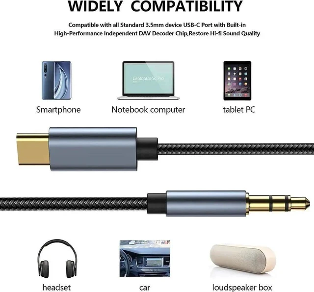 Alt view image 2 of 7 - USB C to 3.5mm Aux Jack Audio Cable, Type C Adapter to 3.5mm Headphone Stereo Cord Car Audio Converter with Mic and Volume Control for