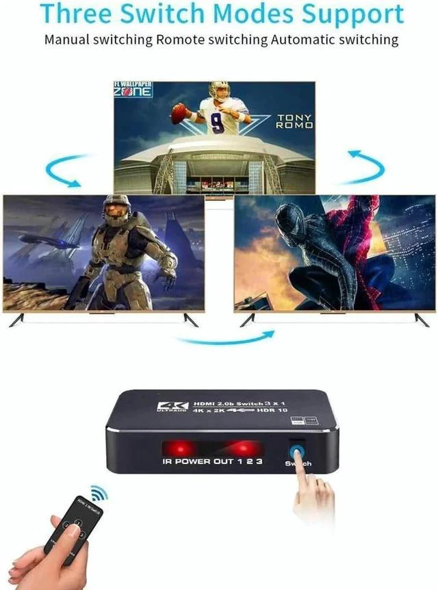 Alt view image 4 of 7 - HDMI 2.0 Switcher 3 in 1 out 4K/60Hz HDMI Splitter for XBOX 360 PS4 Smart Box 3 in 1 out HDMI 2.0 Switch Adapter Supports Ultra HD Dolby Vision, 18.5Gbps, HDR10, HDCP 2.2 & 3D - OZQ2-2