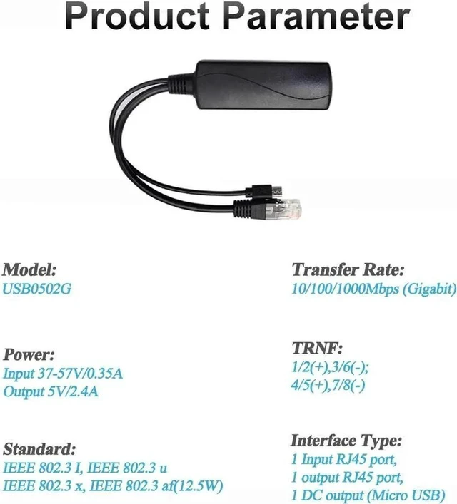 Alt view image 6 of 6 - Gigabit Micro USB PoE Splitter 5V 2.4A, IEEE 802.3af Standard 10/100/1000Mbps for Raspberry Pi 3B, Google WiFi, Tablets, Dropcam Power Over Ethernet USB Splitter Adapter