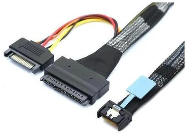 Alt view image 3 of 5 - AJMRTC PCIe Gen5 MCIO SFF-8654 4I to SFF-8639 U.2 NVMe SSD 100CM Cable with 15Pin SATA Power, SlimSAS High Speed Storage Wire for Enterprise RAID Card, Data Center Hot Swap Hard Drive Backplane