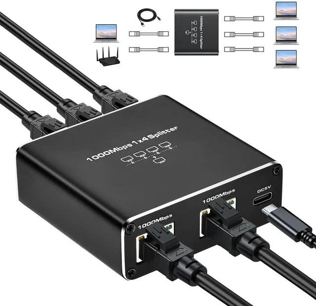 Main image of 1 to 4 Port Gigabit Ethernet Splitter, 1000Mbps RJ45 LAN Splitter Supports 4 Devices Simultaneous Connection, USB Powered Network Splitter Compatible with Cat5/5e/6/7/8 Ethernet Cables