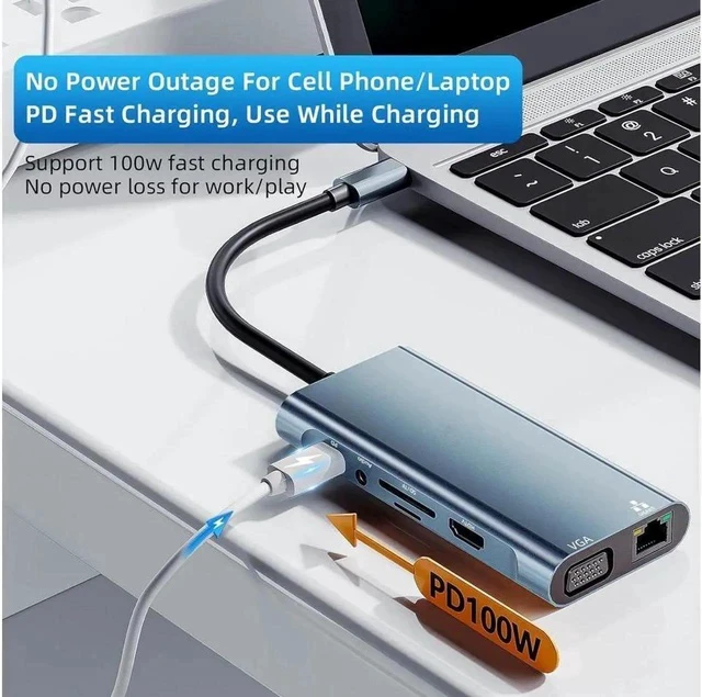 Alt view image 3 of 7 - Aluminum 11 in 1 USB C Hub, Multiport USB Splitter Expand with 4 USB Port & TF/SD Card Reader, HDMI,100W PD, VGA, Gigabit, Audio for MacBook Pro Air, for iPad Pro Laptop and More Devices