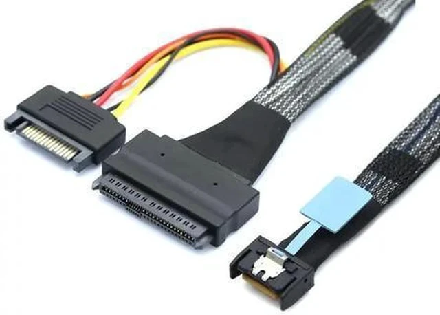 Alt view image 3 of 4 - AJMRTC PCIe Gen5 MCIO SFF-8654 4I to SFF-8639 U.2 NVMe SSD 50CM Cable with 15Pin SATA Power, SlimSAS High Speed Storage Wire for Enterprise RAID Card, Data Center Hot Swap Hard Drive Backplane