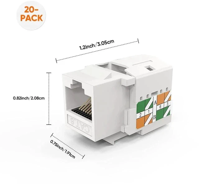 Alt view image 7 of 7 - 20 Pack White Cat6 RJ45 Keystone Jack, UL Listed Modular Female Ethernet Wall Port Connector
