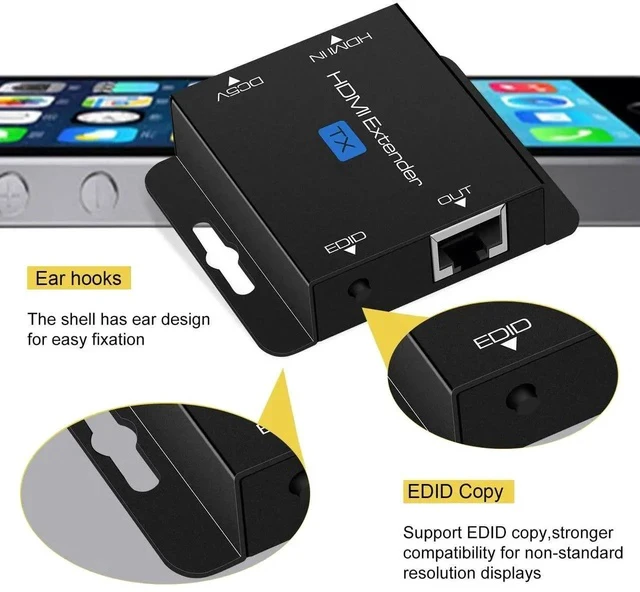 Alt view image 3 of 6 - HDMI Extender Over Single Cat6 Ethernet up to 200Ft Repeater Balun Transmitter Receiver Power on Cat Support Full 1080p 3D HDCP EDID Copy from Displays