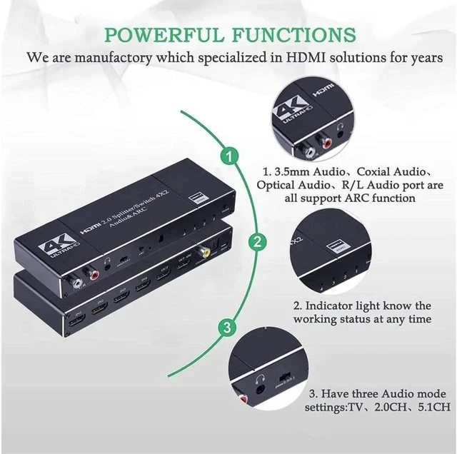Alt view image 3 of 7 - HDMI Switch 4x2 with Audio Extractor 4K@60Hz Ultra HD HDMI Switcher with Optical TOSLINK SPDIF, R/L 3.5mm Audio, Coaxial Support ARC Function HDCP 2.2 YUV4:2:0,EDID,HDR Remote Control