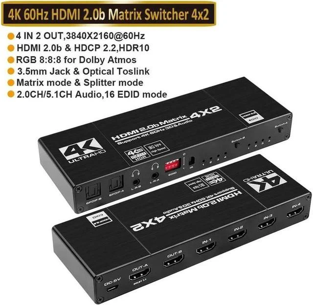 Main image of 4x2 HDMI Matrix Switch 4K - 4K 60Hz RGB 8:8:8(Dolby ATMOS), 18Gbps, HDR10, Control via Remote, 2xSPDIF Audio, 2x3.5mm L/R Audio Audio Extractor, 4 in 2 Out Video Matrix Switch (OZJ1-1)