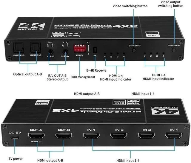 Alt view image 5 of 7 - 4x2 HDMI Matrix Switch 4K - 4K 60Hz RGB 8:8:8(Dolby ATMOS), 18Gbps, HDR10, Control via Remote, 2xSPDIF Audio, 2x3.5mm L/R Audio Audio Extractor, 4 in 2 Out Video Matrix Switch (OZJ1-1)