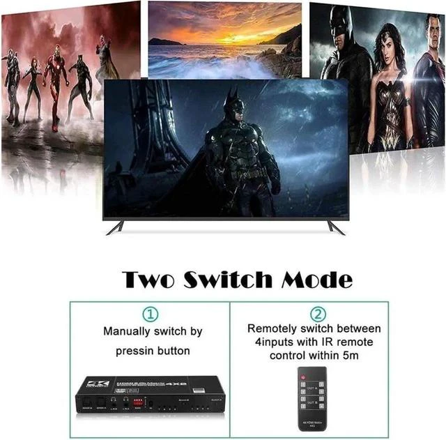 Alt view image 6 of 7 - 4x2 HDMI Matrix Switch 4K - 4K 60Hz RGB 8:8:8(Dolby ATMOS), 18Gbps, HDR10, Control via Remote, 2xSPDIF Audio, 2x3.5mm L/R Audio Audio Extractor, 4 in 2 Out Video Matrix Switch (OZJ1-1)