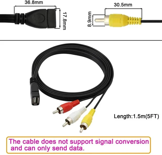 Alt view image 2 of 5 - USB to RCA Cable,USB A 2.0 Female to 3 RCA Male Jack Splitter Audio Video AV Composite Adapter Cable for TV/PC -5FT (USB 2.0 Female to RCA Male)