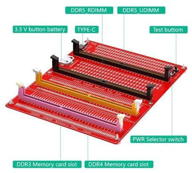 Alt view image 7 of 7 - AJMRTC DDR3/4/5 RDIMM/UDIMM Memory Tester, LED Indicator, Type-C Power Supply, Test Button, Desktop Computer DDR3/4/5 Memory Test Card