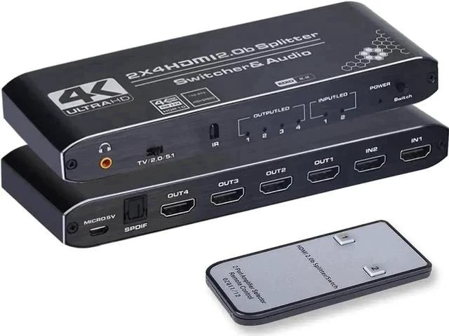 Main image of 2x4 HDMI Matrix Switch Splitter with Audio Extractor & IR Remote, HDMI 2.0b 4K@60Hz Matrix Support Optical SPDIF + 3.5mm Audio, HDCP2.2 RGB 4:4:4 HDR for 4K HDTV Monitor
