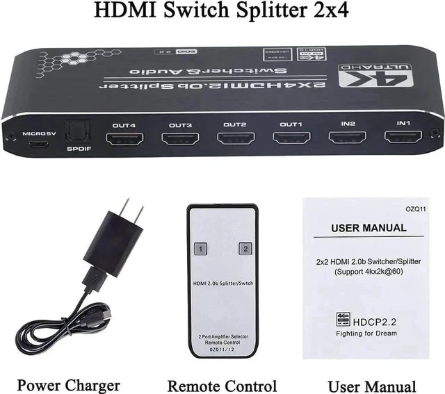 Alt view image 4 of 7 - 2x4 HDMI Matrix Switch Splitter with Audio Extractor & IR Remote, HDMI 2.0b 4K@60Hz Matrix Support Optical SPDIF + 3.5mm Audio, HDCP2.2 RGB 4:4:4 HDR for 4K HDTV Monitor