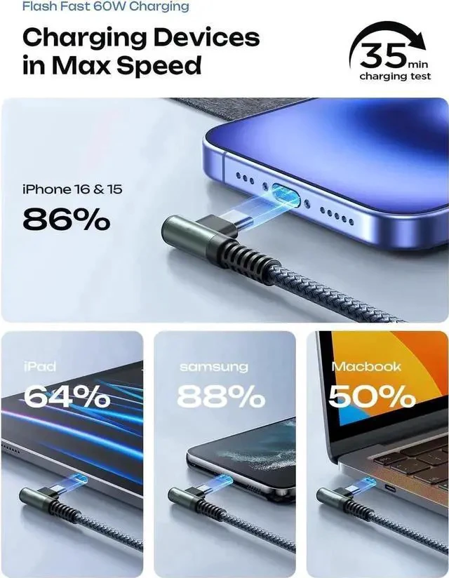 Alt view image 3 of 5 - USB C Cable to USB C 60W 2-Pack 6.6ft Nylon Braided Type C Charger Fast Charging Right Angle USBC to USBC Cable Charger Cord for Nintendo Switch 2 iPhone 16 Pro Max S25 Ultra iPad Pro