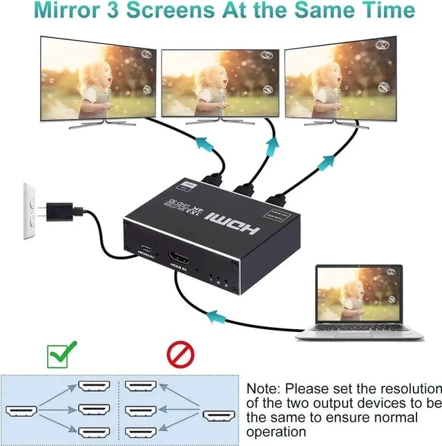 Alt view image 2 of 7 - 1 in 3 Out Powered 4K HDMI Splitter, Metal Housing 3-Port HDMI Mirror Splitter, Duplicate Single Video Source to 3 Identical Displays for HDTV & Projector