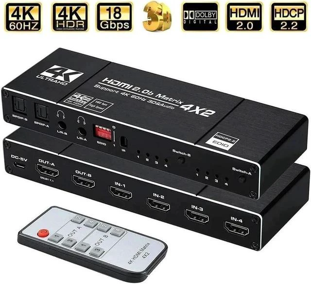 Main image of 4K HDMI Matrix Switch 4 X 2 ,4in2 Out Video Switcher Splitter, 2xOptical SPDIF and 2x3.5mm L/R Audio Output with IR Remote Controller,Support 4K@60Hz 3D 18.5Gbps HDMI 2.0b HDCP 2.2,HDR10