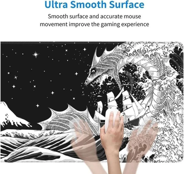 Alt view image 3 of 7 - Black and White Waves Sea Dragon Gaming Mouse Pad XL, Extended Large Mouse Mat Desk Pad, Stitched Edges Mousepad, Long Non-Slip Rubber Base Mice Pad, 31.5 X 11.8 Inch