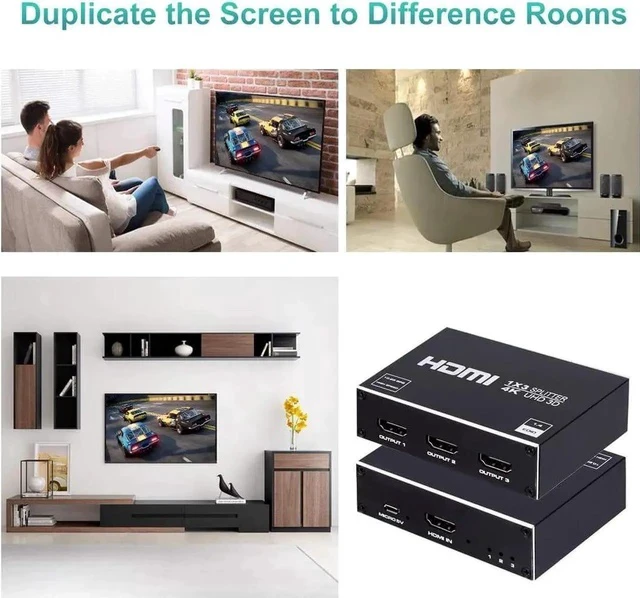 Alt view image 4 of 7 - 1 in 3 Out Powered 4K HDMI Splitter, Metal Housing 3-Port HDMI Mirror Splitter, Duplicate Single Video Source to 3 Identical Displays for HDTV & Projector