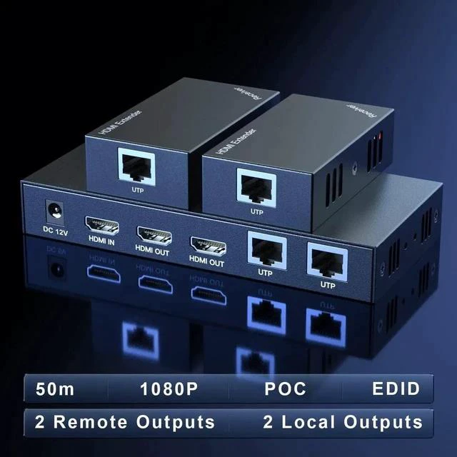 Alt view image 3 of 7 - HDMI Extender Splitter 1x2 1080P@60Hz Over Cat 5E/6/7 Ethernet Cable 50m (165ft) Support 2 HDMI loopout EDID Copy POC Function (1 in 2 Out)