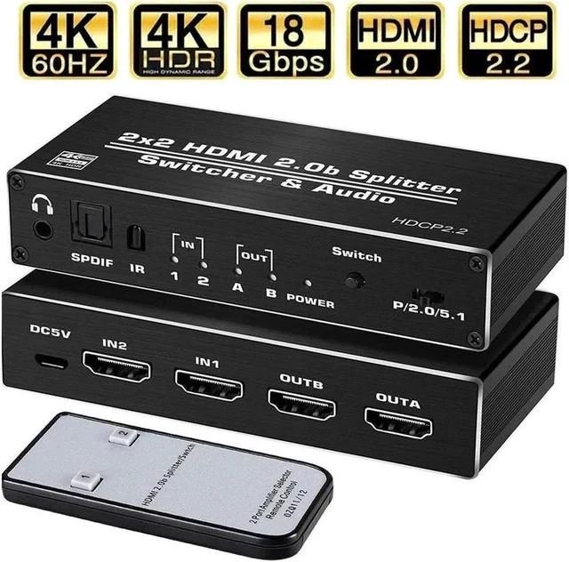Main image of 4K 60Hz 2 x 2 HDMI Switch Splitter Audio Extractor with IR Remote Control HDMI 2.0b Switcher Support 18Gbps 4K x 2K 3D HDCP 2.2 HDMI Splitter Hub Port Switches for PS4 Xbox Apple TV Fire
