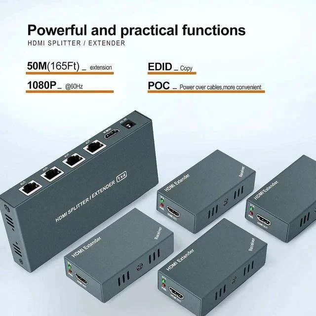 Main image of HDMI Extender Splitter 1x4, 1080P@60Hz, Extending 165ft (50m) Length Transmission Over CAT5e/CAT6/CAT7 Cable, 4 Channel Transmission, 1 Power Adapter