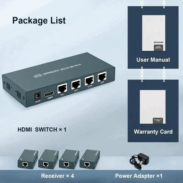 Alt view image 6 of 6 - HDMI Extender Splitter 1x4, 1080P@60Hz, Extending 165ft (50m) Length Transmission Over CAT5e/CAT6/CAT7 Cable, 4 Channel Transmission, 1 Power Adapter