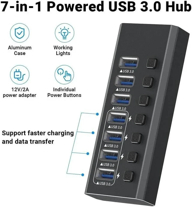 Alt view image 2 of 7 - USB-A Hub, 7 Ports Super High Speed USB 3.0 Hub Splitter with 4*USB 3.0 Smart Charging, Black Smart Fast Charger Powered USB Hub for Laptop, Mac, PC, Mobile HDD, Mulitple Devices