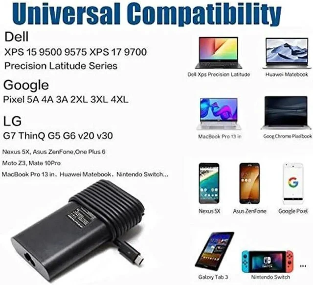 Alt view image 3 of 4 - 130W USB C Laptop Charger for Dell XPS 15 9500 7590 17 9700 9575 Precision 3560 3550 5560 5750 5550 5530 2in1 Latitude 7410 7310 7210 9410 9510 5420 5411 5501 Slim Power Adapter Type-C Replacement