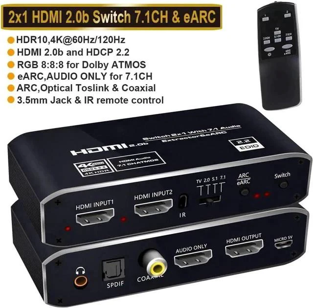 Main image of 4K@60Hz HDMI 2.0b Switch with Audio Extractor & IR Remote, HDMI Signal Splitter Supports HDMI 7.1CH, Optical Toslink SPDIF & 3.5mm Stereo Audio Output, Compatible with PS5, Xbox, Fire Stick, HDTV, Sou